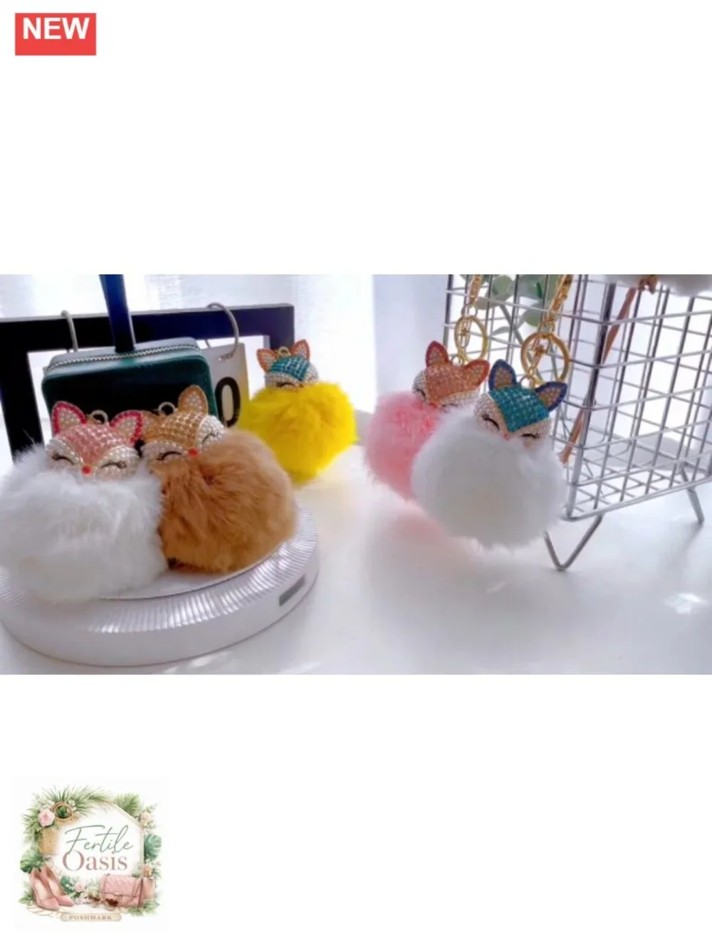 Genuine Rabbit Fur Fox Head Keychain with Rhinestones, Lobster Clasp,